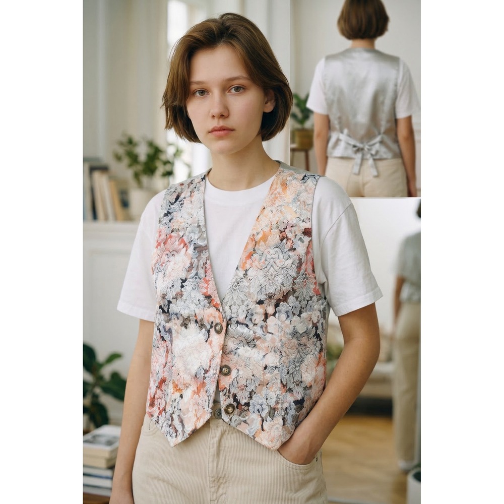 Katie Vintage Floral Tapestry Vest Button Front Adjustable Back Peach Sage XL 14